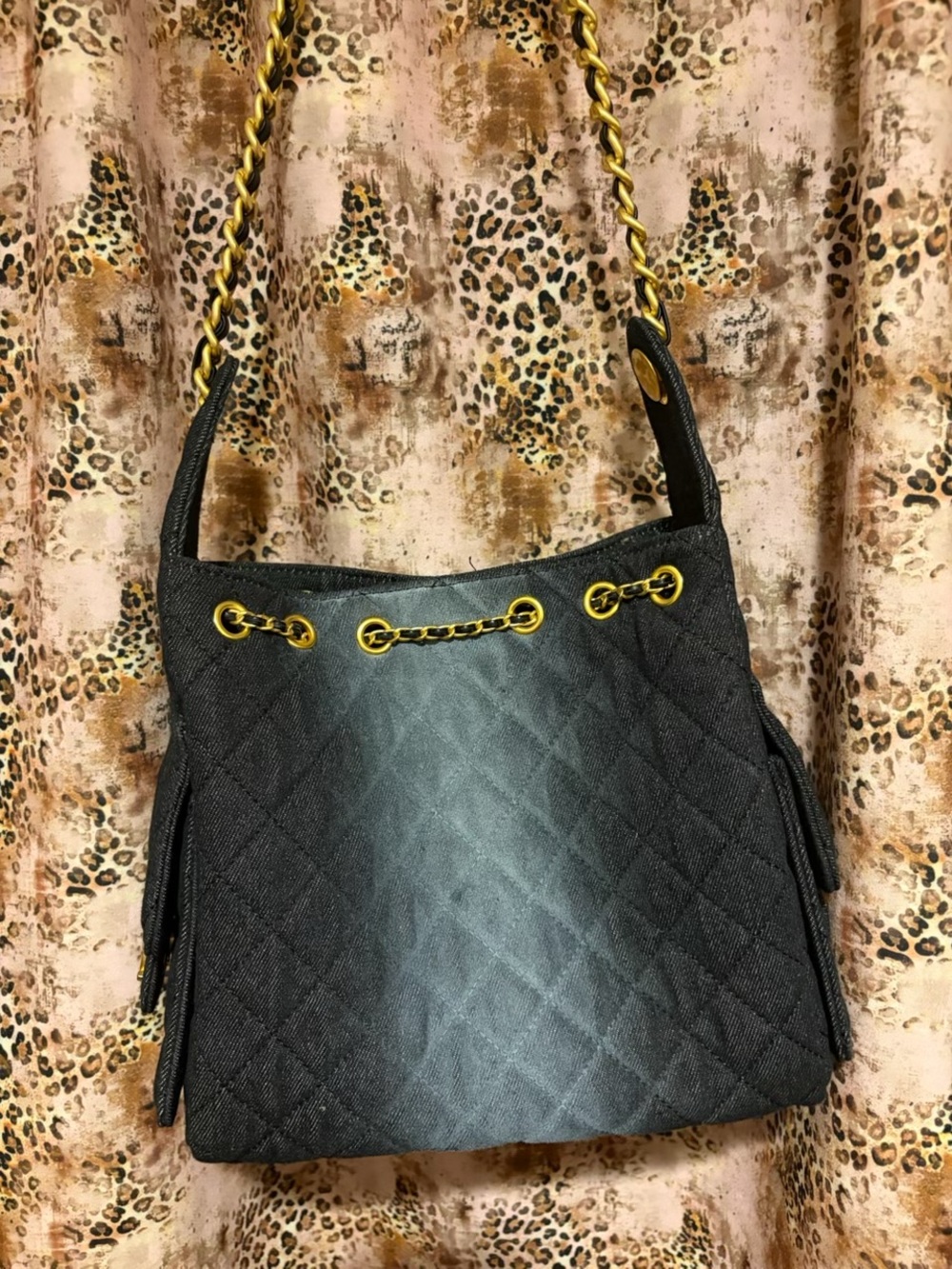 GG Inspired denim Quilted Black Shoulder Bag with Gold Hardware - Picture 2 of 4